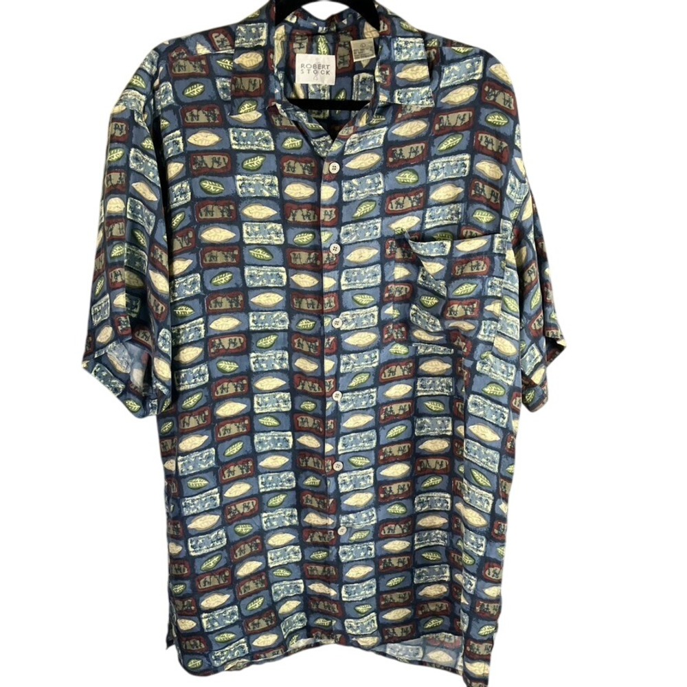 Robert Stock Silk Shirt‎ Mens L Blue Red Beige Abstract Leaf Short Sleeve